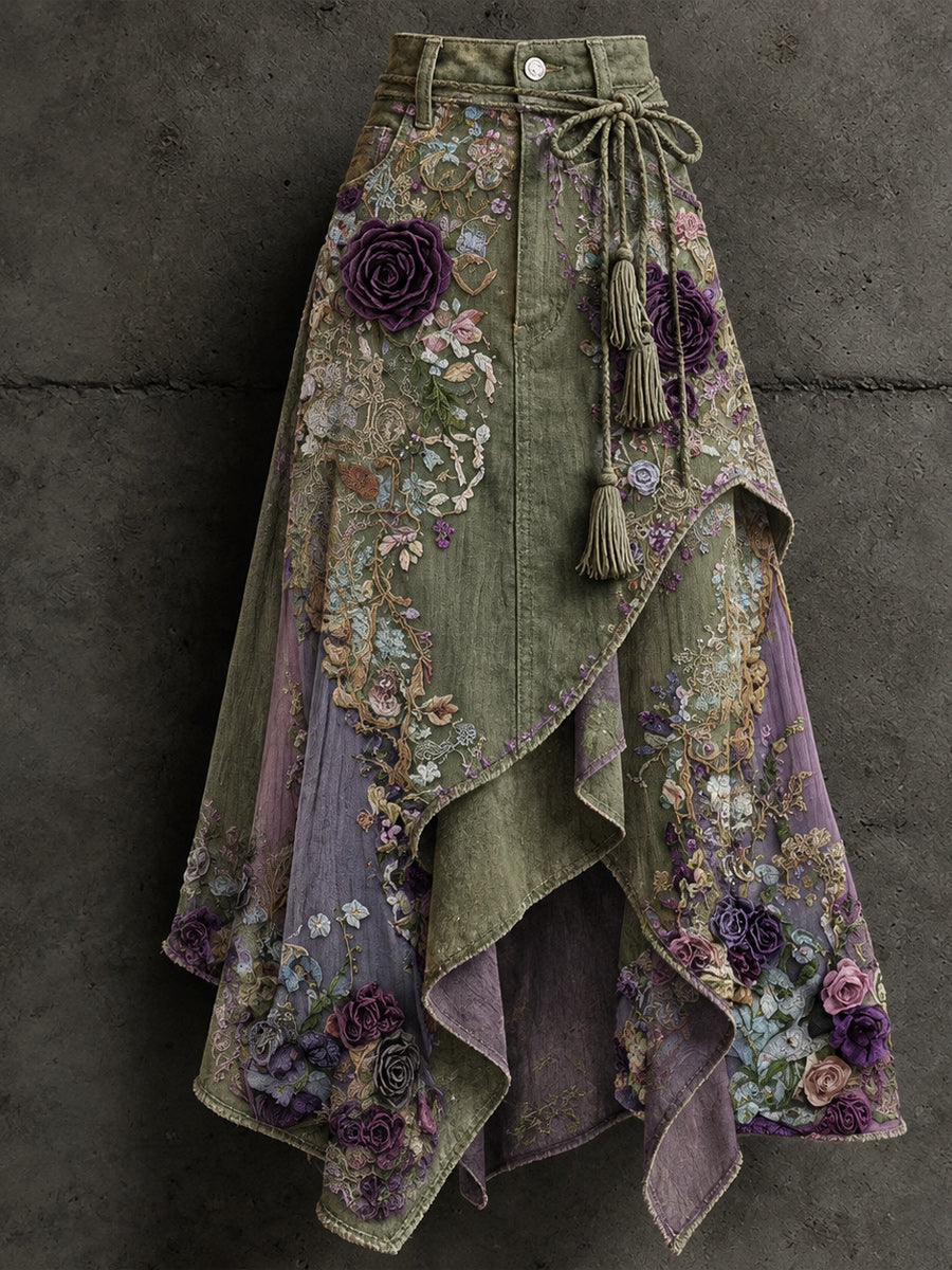 Women's Retro Style Art Print Irregularly Layered Stitched Skirt